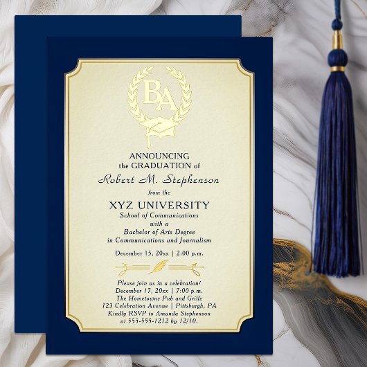 BA - Bachelor of Arts Diploma Universitaire Opleid Folie Uitnodiging