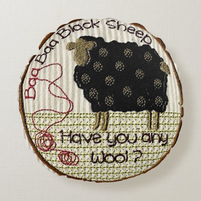 "Baa Baa Black Sheep" Rond Kussen (Voorkant)
