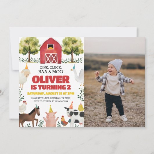 Baa Oink Moo Boerderij 2e verjaardag foto uitnodig Kaart (Voorkant)