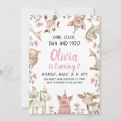 Baa Oink Moo Ik ben twee Uitnodiging, Boerenmeisje Kaart (Voorkant)