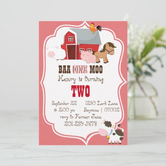 Baa-Oink-Moo Verjaardag uitnodiging (Staand voorkant)