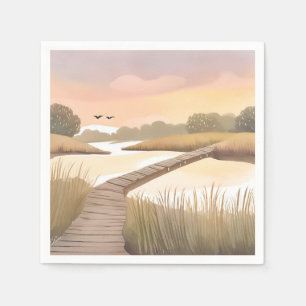 Baai Boardwalk Luchtige Kust Aquarel Schilderij Servet