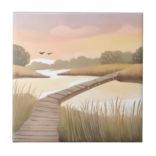 Baai Boardwalk Luchtige Kust Aquarel Schildering Tegeltje