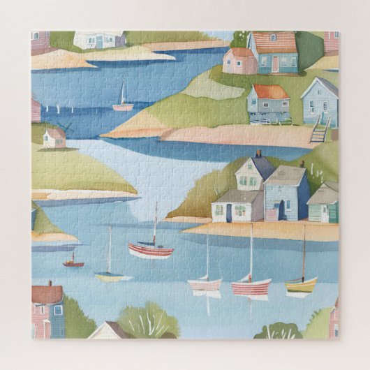 Baai van boten | Moderne aquarelschildering Legpuzzel (Verticaal)