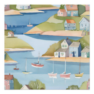 Baai van boten   Moderne aquarelschildering Perfect Poster