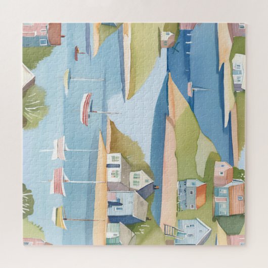 baai van de boten | Moderne Waterverf schilderkuns Legpuzzel (Horizontaal)
