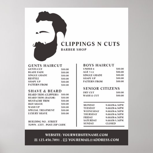 Baard Logo, Herenkappers Prijslijst Poster (Voorkant)