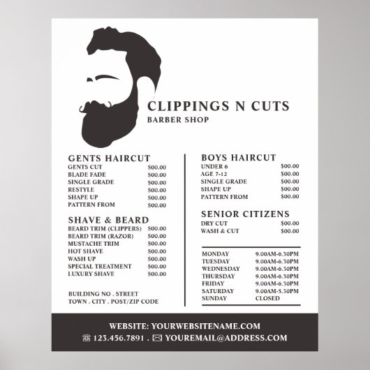 Baard Logo, Herenkappers Prijslijst Poster (Voorkant)