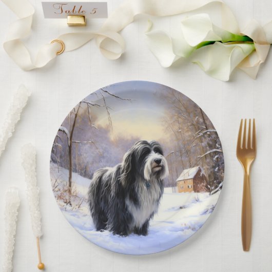 Baardcollie Laat het Sneeuwen Kerst  Papieren Bordje (Huwelijk)