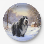 Baardcollie Laat het Sneeuwen Kerst  Papieren Bordje (Voorkant)