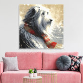 Baarde collie met gestreepte wintersjaal canvas afdruk (Insitu (Woonkamer))