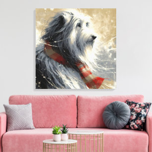 Baarde collie met gestreepte wintersjaal canvas afdruk