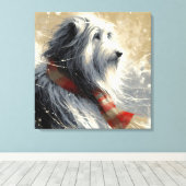 Baarde collie met gestreepte wintersjaal canvas afdruk (Insitu (Houten vloer))