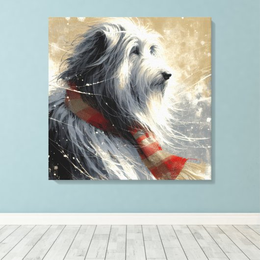 Baarde collie met gestreepte wintersjaal canvas afdruk (Insitu (Houten vloer))