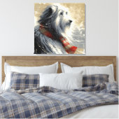 Baarde collie met gestreepte wintersjaal canvas afdruk (Insitu (Slaapkamer))