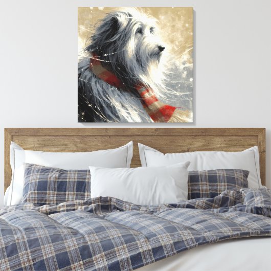 Baarde collie met gestreepte wintersjaal canvas afdruk (Insitu (Slaapkamer))