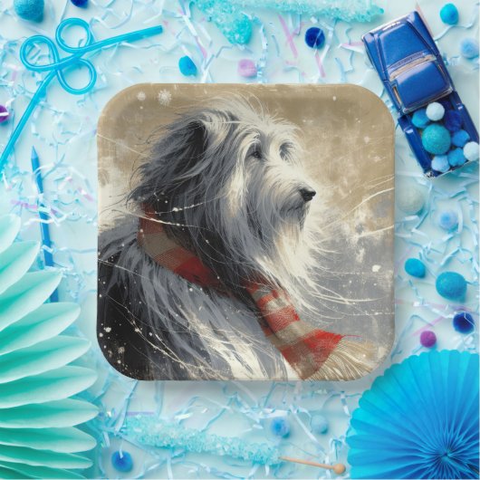 Baarde collie met gestreepte wintersjaal papieren bordje (Feest)