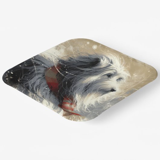 Baarde collie met gestreepte wintersjaal papieren bordje (Gebogen)