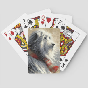 Baarde collie met gestreepte wintersjaal pokerkaarten