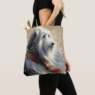 Baarde collie met gestreepte wintersjaal tote bag