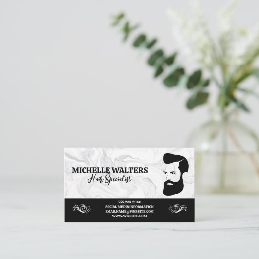 Baardige man en kapsel | Marmer Visitekaartje (Staand voorkant)