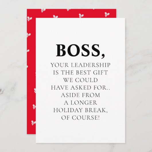 Baas, je leiderschap is de leukste grappige gezegd feestdagenkaart (Voorkant / Achterkant)