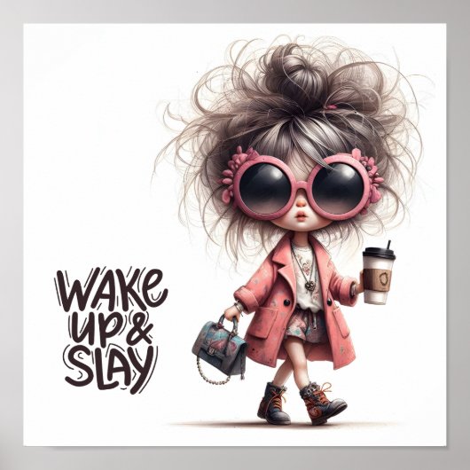 Baas Meisje Messy Bun Wake Up & Slay Motivatie Poster (Voorkant)