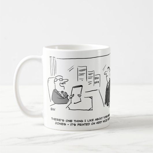 Baas zegt dat er een rapport op Nice staat Koffiemok (Links)