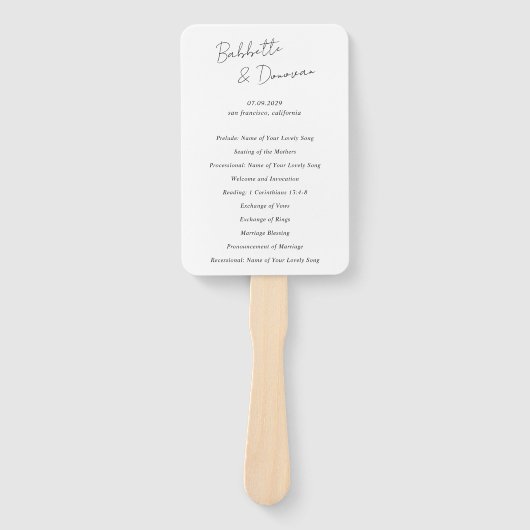 Babbette minimalistisch modern huwelijksprogramma handwaaier (Voorkant)