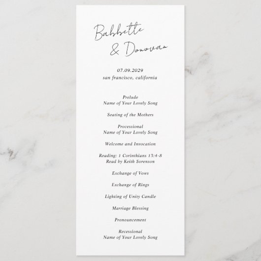 Babbette minimalistische moderne bruiloft programmakaart (Voorkant)