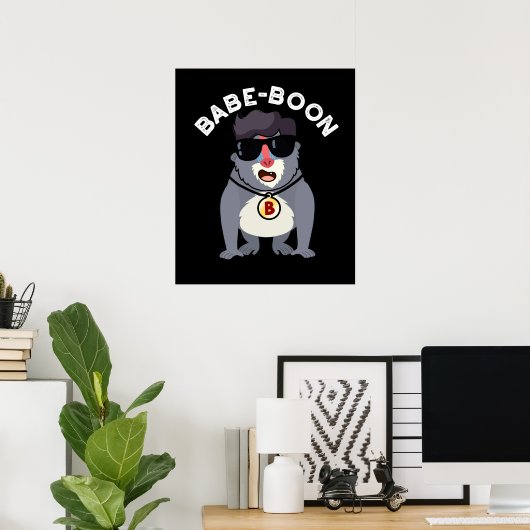 Babe-boon Funny Animal Monkey Baboon Pun Dark BG Poster (Thuiskantoor)