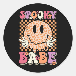 Babe Groovy Halloween Leopard Smile Face Checkered Ronde Sticker