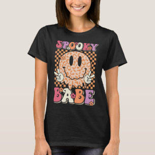 Babe Groovy Halloween Leopard Smile Face Checkered T-shirt