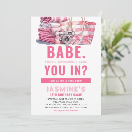 BABE Roze Zwembad Party Meisje Verjaardag Kaart (Staand voorkant)