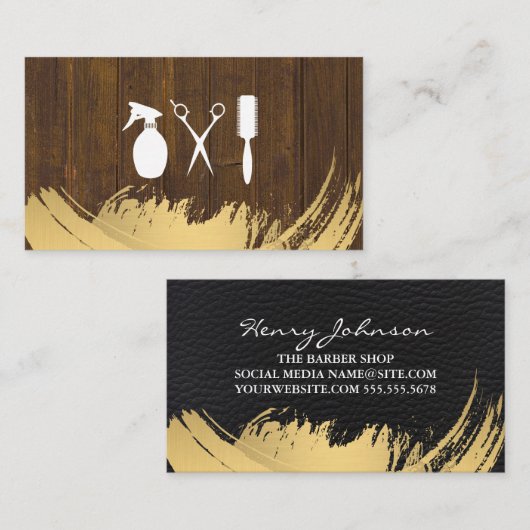 Baber Stylist Gereedschap Hout Leder Goud Geborste Visitekaartje (Voorkant / Achterkant)