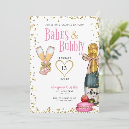 Babes and Bubble Champagne Galentine Day Party Kaart (Staand voorkant)