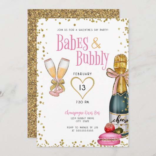Babes and Bubble Champagne Galentine Day Party Kaart (Voorkant / Achterkant)
