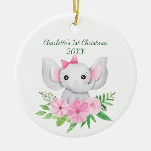 Babies 1e kerstroze groene olifant keramisch ornament (Voorkant)