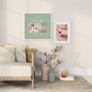 Babies eerste jaar foto collage script groen afdruk