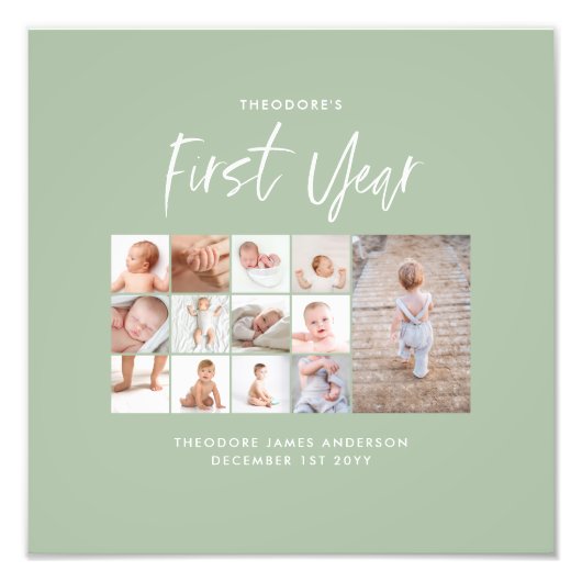 Babies eerste jaar foto collage script groen foto afdruk (Voorkant)