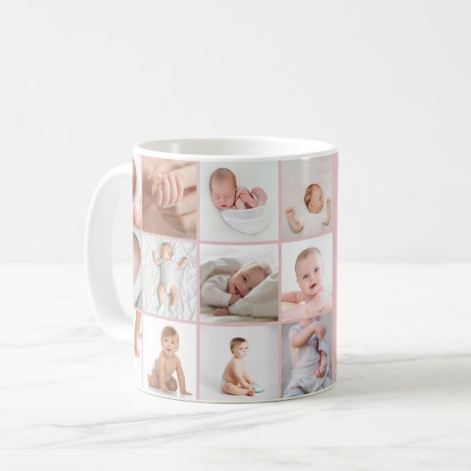 Babies eerste jaar fotocollage script roze girale koffiemok (Voorkant links)