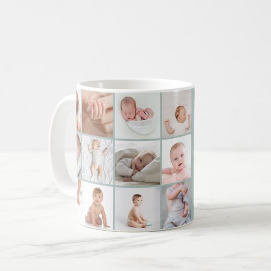 Babies eerste jaar groen fotocollage script koffiemok (Voorkant links)