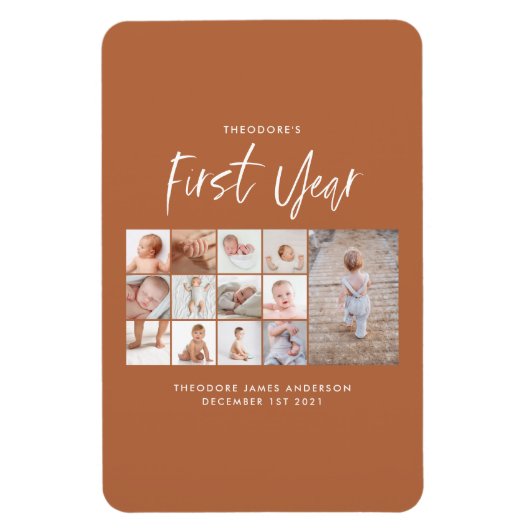 Babies first jaar fotocollage schrift terracotta magneet (Verticaal)