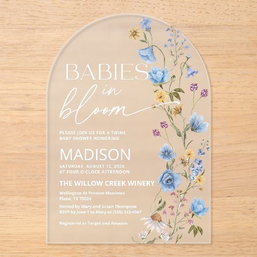 Babies in Bloom | Twins Baby Shower Acryl Uitnodigingen (Voorkant)