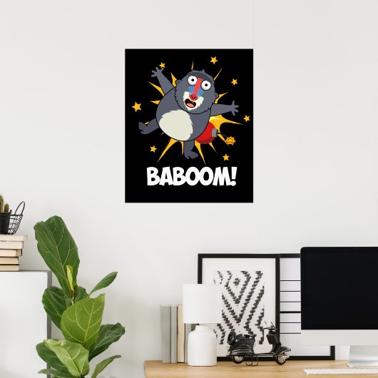 Baboom Funny Exploding Baboon Pun Dark BG Poster (Thuiskantoor)