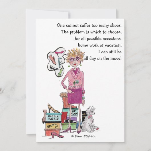 Babs heeft schoenen, dromen van meer, kleurenschet feestdagenkaart (Voorkant)