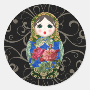 Babushka Russian Doll Colourful Bold Rose Flower 2 Ronde Sticker
