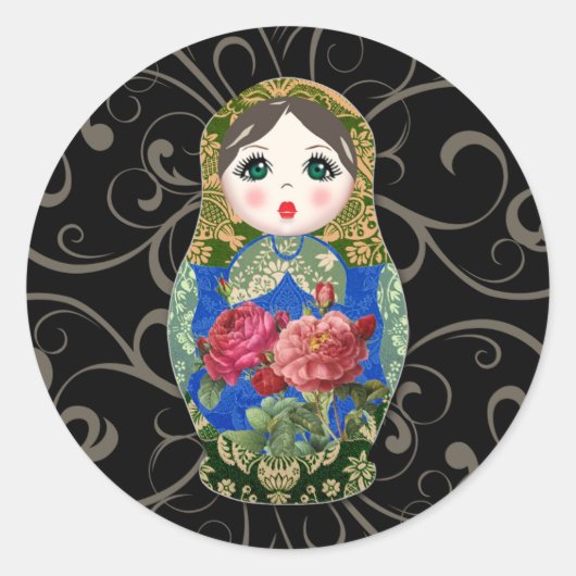 Babushka Russian Doll Colourful Bold Rose Flower 2 Ronde Sticker (Voorkant)