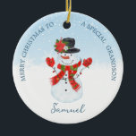 Baby 1 Kerstmis Snowman Ornament<br><div class="desc">Baby eerste kerstversiering met Joyful Snowman en rode vrachtwagen met kerstboom en cadeaus.</div>