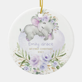 Baby 1e Eerste Kerstdag Paarse Floral Elephant Keramisch Ornament